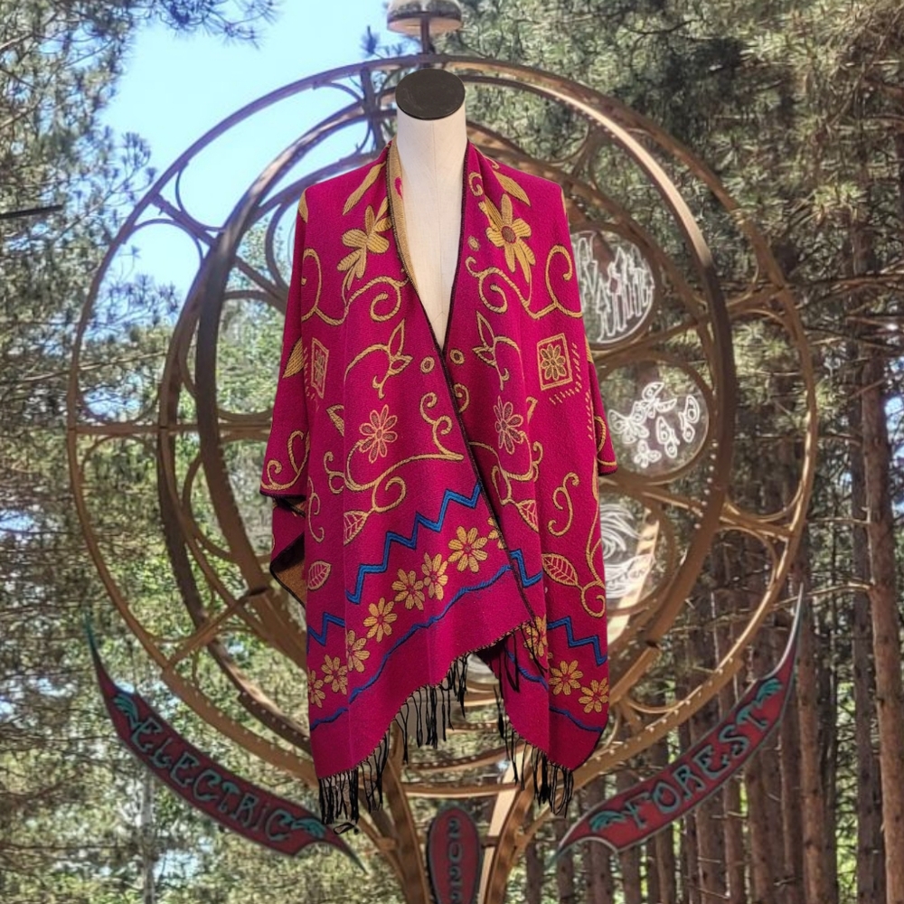 Vibrant Pink and Gold Floral Shawl
